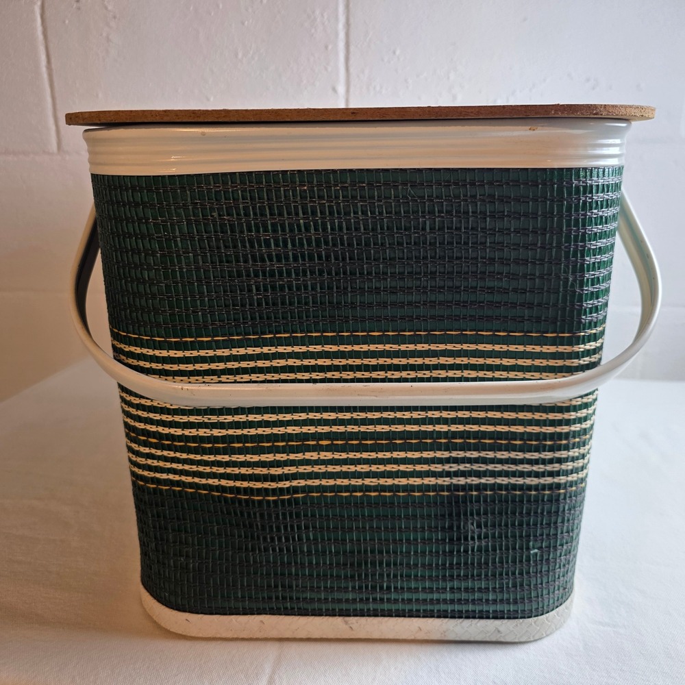 Vintage Redmon Woven Vinyl Picnic Basket Green Striped Retro MCM - Picture 8 of 15